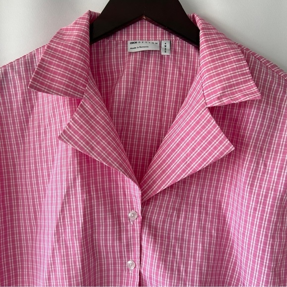 ASOS DESIGN Women’s Plaid Pink Short Sleeve Button Down Crop Top Size 4 - Picture 2 of 9